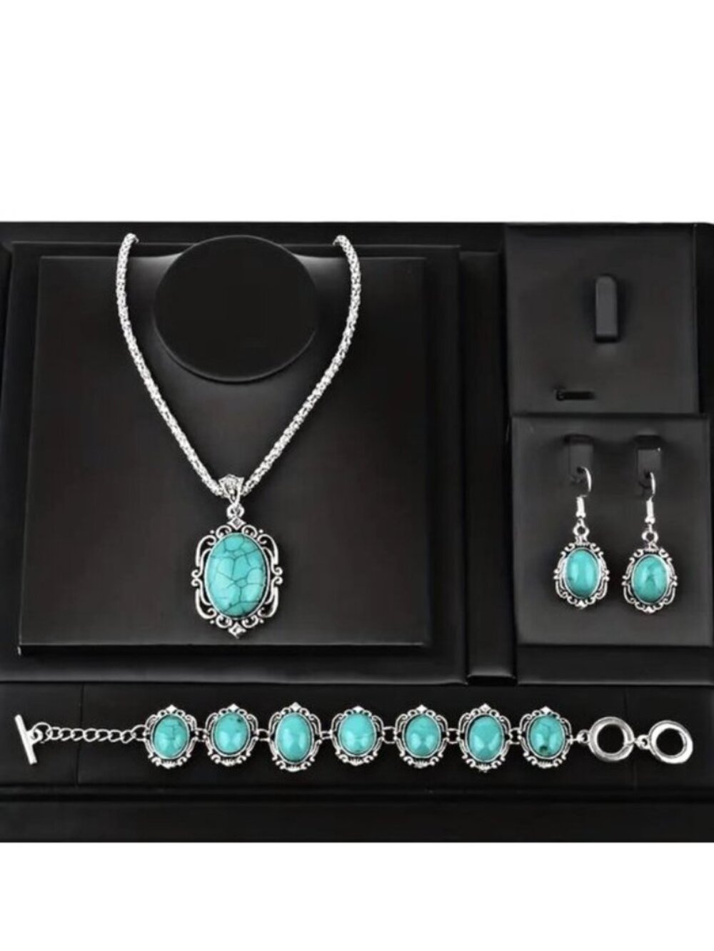 Turquoise Necklace Earrings Bracelet 4pc Boho Native Stylish Glam Lucky Trendy - Picture 2 of 6